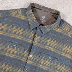Kuhl Shirt Mens Extra Large Blue Skorpio Plaid Linen Blend Short Sleeve Button